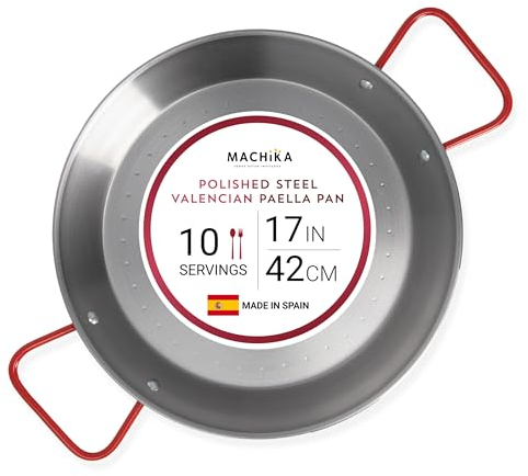 Machika 17 inch Carbon Steel Paella Pan, 42cm Polished Steel Large Skillet From Spain, Great for Paella Parties Indoors, Outdoors, Camping & More, Imported Spanish Paellera, Made by Garcima