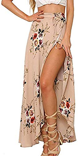 ForeMode Women Boho Print High Waist Side Wrap Bohemian Asymmetric Hem Maxi Long Skirt One Size (Apricot)
