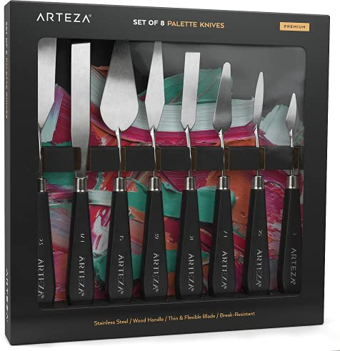 Arteza Palette Knives 8-Pack, Sizes No. 1, 25, 7, 15, 39, 23, 17, 21, Durable Stainless Steel Blade & Break-Resistant Wooden Handle, Painting Knives for Oil & Acrylic Paints