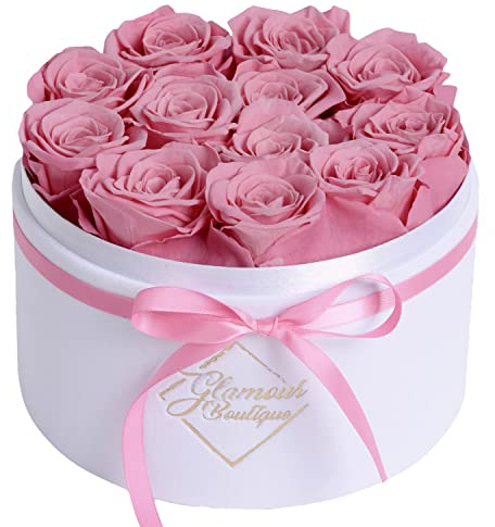 GLAMOUR BOUTIQUE Flower Forever Gift Box, 12 Real Preserved Roses in Round Velvet White Box, Handmade Floral Gift with Rose Petals for Birthday, Anniversary or Graduation, Pink (Color-Treated)