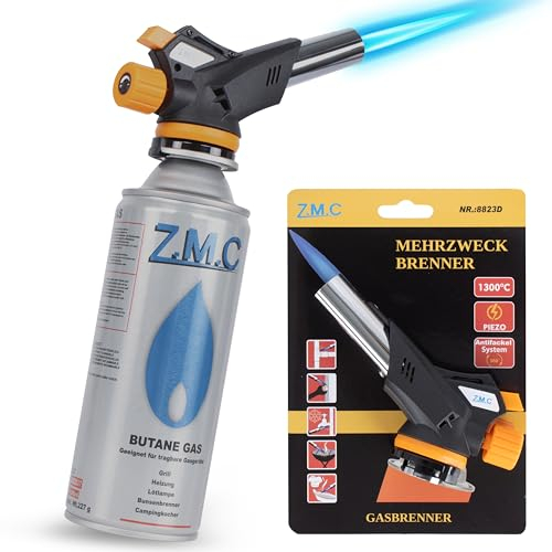 Z.M.C Gasbrenner 1,3kW Flambierbrenner, Temperatur bis zu 1300°C, Bunsenbrenner Lötbrenner mit Piezozündung, Küchenbrenner mit einstellbare Flamme, Abflammgerät (Gasbrenner Gasanzünder)