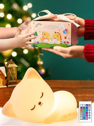 One Fire [Regalo+Telecomando] Luce Notturna Bambini, 16 Colori 5 Luminosità Lampada Gatto, Silicone Ricaricabile LED Lampada Notturna per Bambini Cameretta Bambina Regalo Bambina Bimba Regali Natale