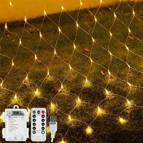 Annefly 2PCS1.7m x 1.5m Christmas Net Lights Battery Operated 100 LED Fairy Lights Waterproof String Lights with 8 Modes for Outdoor Indoor Tree Bushes Garden Wall Christmas Decorations - Warm White