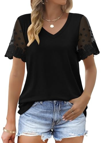OFEEFAN Lace Tops for Women Trendy 2025 Spring Short Sleeve V Neck T Shirts Fall Fashion Must Haves Black XL