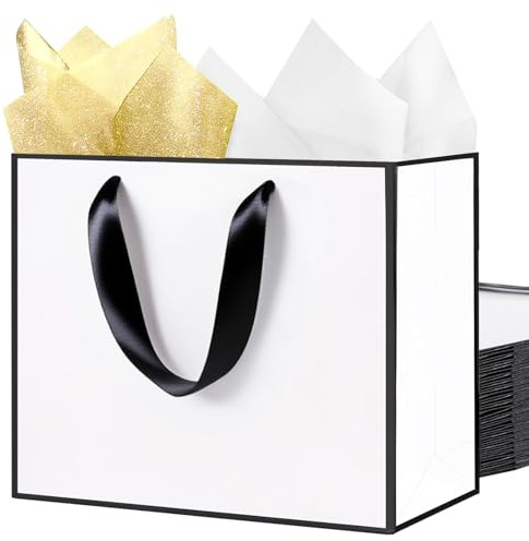 SHIPKEY 10PCS Extra Large White Frame Gift Bags with Mixed Paper 40x15x30cm | Large Paper Bag with Handle and Black Trim, Elegant Shopping Bags for Christmas, Holidays and Parties