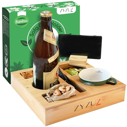 ZYZUZ® Couchbar Snackbox Sofatablett inkl. Geschenkbox – Kompaktes Couch Bar Snackbar Butler aus hochwertigem Bambus-Holz – 360° Handyhalter - Couchtisch Sofa - Bier Geschenke für Männer & Frauen