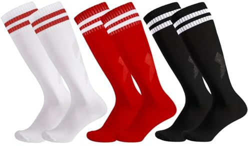 Invalidism 3 Pairs Kids Football Socks, Childrens Football Socks Kids Breathable Soccer Sock Long Football Socks for Sporting Running Training Socks for Children Aged 5-12(White+Black+Red)