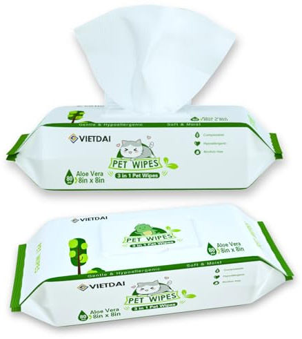 VIETDAI Lingette Chien Nettoyante pour Chat Pattes Visage Corps Fesses Et Fourrure, Lingette Animaux avec Aloe Vera et Vitamine E -160 pièce