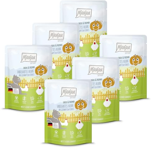 MjAMjAM - Premium Nourriture Humide pour Chats - Quetschie - Chicks & Friends Fabuleux Poulet à la courge Cuite à la Vapeur, Paquet de 6 (6 x 300g), sans céréales
