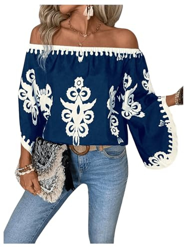 GORGLITTER Women's Off The Shoulder Bell Long Sleeve Top Allover Print Blouse Shirts Blue Large