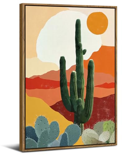 Framed Boho Wall Art for Bedroom Living Room Bohemian Canvas Decor Abstract Boho Room Decor Sunset Mountain Desert Cactus Landscape Painting Prints Modern Aesthetic Artwork Home Decorations 30x40cm