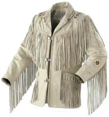 Rumble Products Giacca Tradizionale da Cowboy Western da Uomo | Pelle Scamosciata Native American | Giacca con Perline e Frange, Beige e bianco., Medium