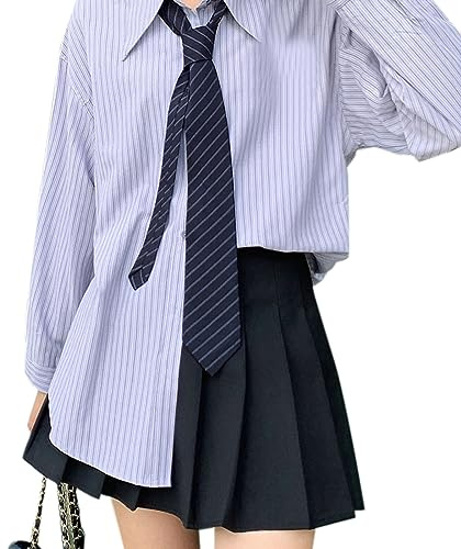 QishGO Cravate vintage rayée pour homme et femme - Cravate japonaise décontractée et polyvalente - Accessoires de cravate pour chemise. Cravate en coton bleu marine nouée à la main avec rayures