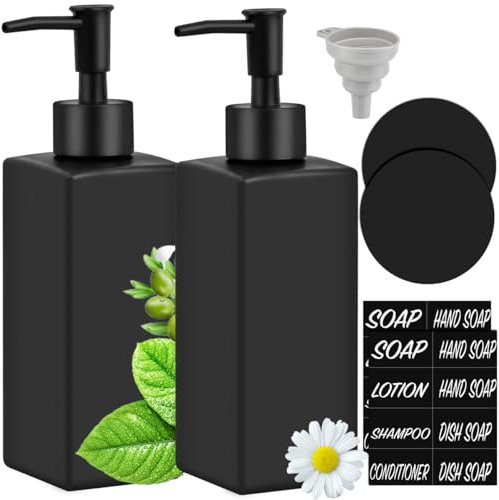 USENG 2pcs Dispenser Sapone Nero, 350ml Bottiglie Vetro per Bagno,Porta Sapone Nero Adatto per Cucina Bagno Mano Lavare Lavanderia Detersivo Dispenser Sapone Bagno Moderno
