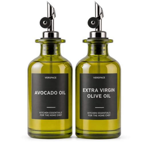 Verspace UV-Protected Green Glass Olive Oil Dispenser Bottles For Kitchen - 2 Pack - 12oz Includes 40 Kitchen Essential Labels, Avocado Oil Dispenser Set, Modern Decor for Home, Airbnb, Cafe