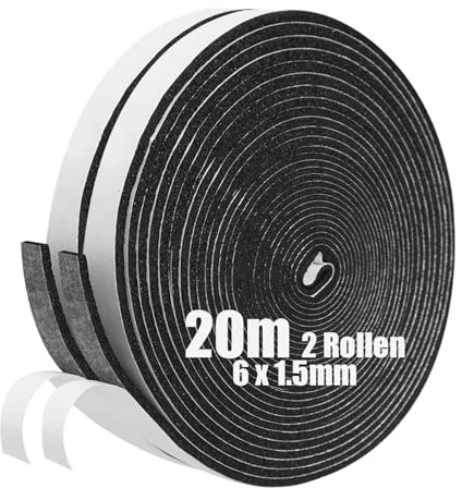 SDLDEER Skumtejp, självhäftande skumremsa 6 mm (B) x 1,5 mm (T) x 20 m (L) väderskalning dörrtätningsremsa, utkastuteslutare för fönsterdörr, anti-kollision, väderbeständig, fönsterljudisolering (2