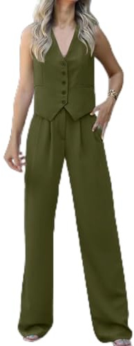 Blazer 2 pièces pour femme, col en V, sans manches, avec boutons, gilet, pantalon à jambes larges, ensemble assorti en coton et lin pour le travail de bureau, vert militaire, M