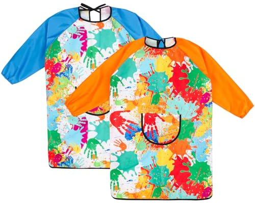GSrenyu 2 Pcs Kids Painting Smock for Age 3-6 Years Boys Girls,Long Sleeve