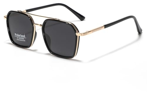 LIGOES - Lunettes de soleil polarisées pour hommes et femmes - Cadre grand carré - Double pont - TR90 métallique