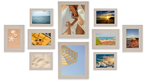 MARCOFOTO, Set De 10 Marcos De Fotos, 2 De 20x25 Cm, 4 De 13x18 Cm, 4 De 10x15 Cm, Madera MDF Y Cristal, Diseño Elegante Y Versatil (BEIGE)