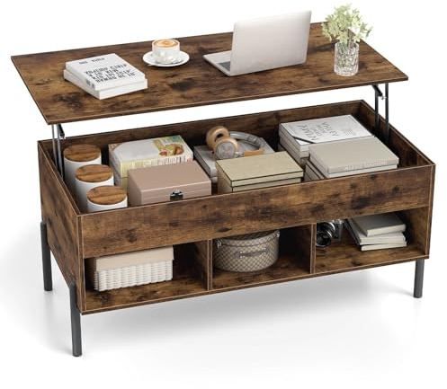 COSTWAY Lift Up Top Coffee Table, Wooden Lifting Cocktail Center Table with Hidden Storage Compartment, Open Shelf and Metal Legs, Rectangle Accent Sofa Side Tea Tables for Living Room (Rustic Brown)