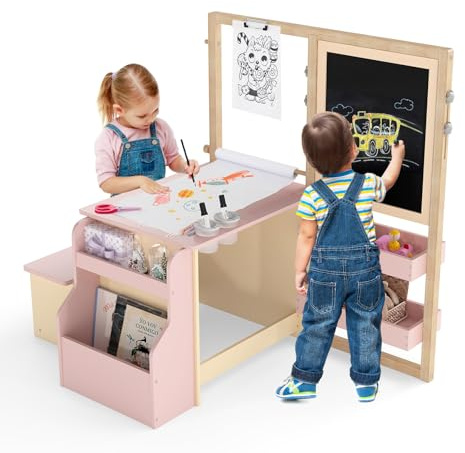 GOPLUS Barnkonstbord med sittbänk, multifunktionell barnstolsgrupp med höjdjusterbart staffli och flera förvaringsutrymme, barnmöbelset för barn från 3 år att måla, leka och äta (rosa)