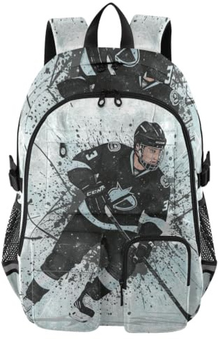Mnsruu Grand sac à dos d'école avec compartiment pour ordinateur portable, motif joueur de hockey sur glace noir, pour adolescentes, filles, garçons, sac à dos de voyage de 17,5 pouces pour l'école