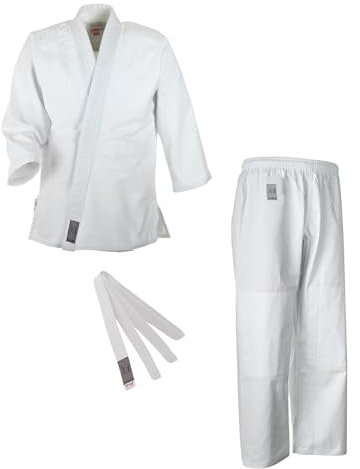 Ju-Sports Judoanzug Bonsai Weiß 110 I Leichter Judoanzug Kinder I Judogi inkl. weißem Gürtel I Mehrfach vernähter Schulter- & Brustbereich I 100% Baumwolle