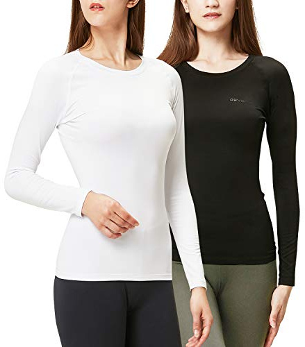 DEVOPS Women's 2 Pack Thermal Long Sleeve Shirts Compression Baselayer Tops (Small, Black/White)