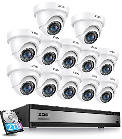 ZOSI 16 Channel Security Camera System with AI Human Vehicle Detection,3K Lite H.265+ DVR with Hard Drive 2TB and 12 x Outdoor Indoor 1080p CCTV Dome Cameras with 90°Wide Angle, 80ft Night Vision