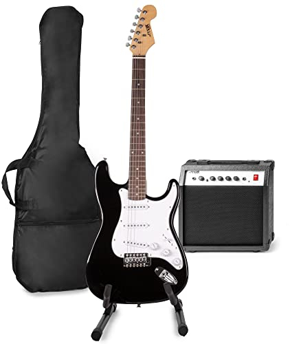 MAX GigKit E-Gitarre Set - Gitarrenverstärker 40 Watt, Gitarrenständer, Gitarrentasche, Gitarren-Stimmgerät, Instrumentenkabel, Gitarrengurt und Zubehör - Schwarz