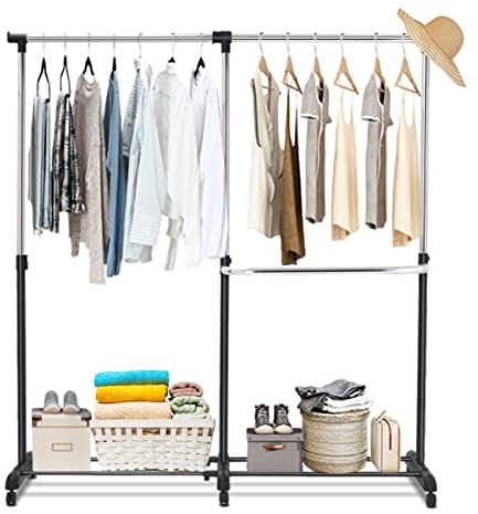RELAX4LIFE Stand Appendiabiti con Ruote, Appendiabiti da Terra Regolabile in Altezza/Larghezza con Asta Estensibile e Ripiano, 6 Ruote Girevoli (2 con Freni), in Acciaio(91-160x43x93-168cm)