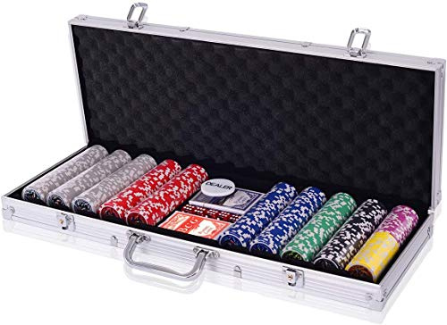 RELAX4LIFE Set Poker 500/300 Pezzi con Custodia in Alluminio Rigido, Include Carte, Dadi, Tessuto da Gioco e Pulsante Dealer,Per Serate Poker, Blackjack (Argento - Gettoni ad Adesivo, 300 Gettoni)