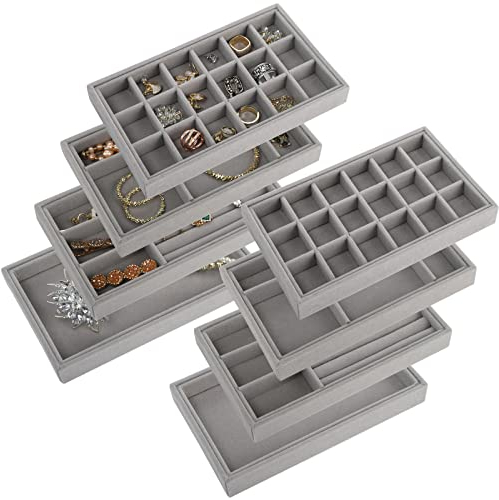 Yarlung 8 Pack Organizing velvet jewelry trays, stackable jewellery display case drawer inserts tray, necklace holder for Earring, Ring, Bracelet, Brooch, Watch, Multi-slot Design, 21x12.7x2.5cm
