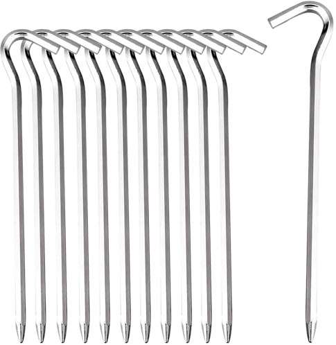 Zeltheringe, 12 Stück Heringe Camping, 18cm Metall Zelthaken, J Typ Stahl Heringe, Erdnägel Stabil Sandheringe Garten Stakes Nägel für Bergsteigen, Angeln, Abenteuer, Picknick Zelt Stabilität, Silber