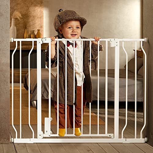 Ciays 29.5” to 41.3” Baby Gate for Stairs Doorways and House, 30” Height Extra Wide Auto-Close Safety Dog Gate for Pets with Secure Alarm, Pressure Mounted, White