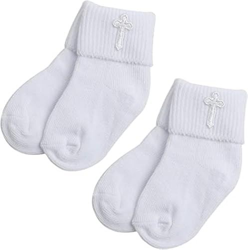Booulfi Weiße Socken für Jungen 2 Paare mit Kreuzstickerei, 0 bis 6 Monate oder 6 bis 12 Monate