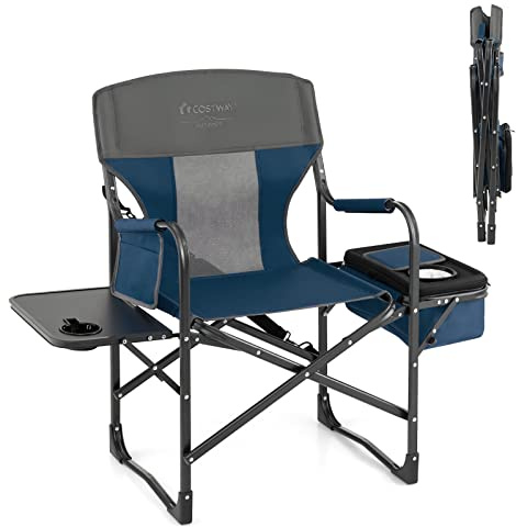 COSTWAY Silla Plegable de Director, Bolsa Nevera, Bolsa de Almacenamiento y Correa Portátil, Capacidad de 180 kg, Camping, Senderismo, Pesca, Picnic (Azul)