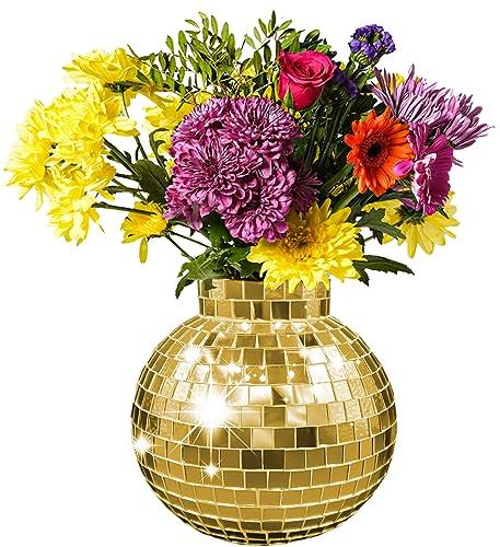 Disco Ball Planter | 7” Disco Ball Vase for Flowers & Plants | Handmade Gold Color Square Large Mirrors Center Piece | for Indoor & Outdoor Decor | Disco Ball Plant Holder Gold