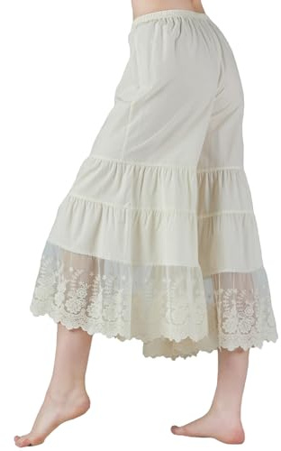 BEAUTELICATE Jupe Culotte en Coton Capri Pantalon De Pyjama Femme Pantacourt Ample à la Maison sous-Robe Jupon avec Dentelle Crème, L
