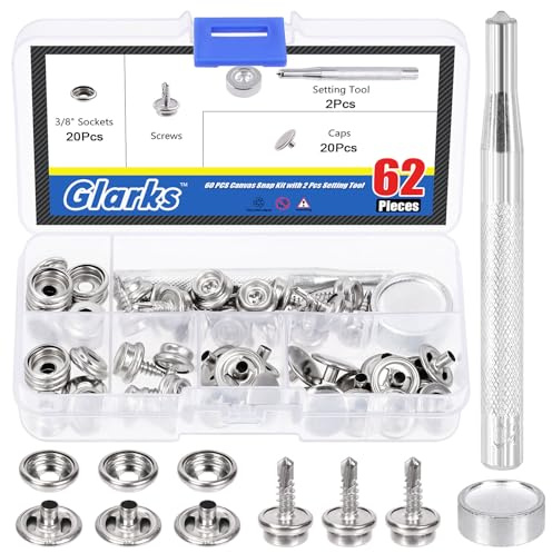 Glarks Kit de 62 botones a presión de lona de acero inoxidable de grado marino y tapicería para cubierta de barco, kit de cierre de botón a presión con 2 herramientas de ajuste (20 juegos), color