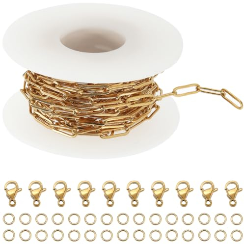 SUNNYCLUE 1 rotolo 16.4 piedi / 5 m Catena di Graffette In Acciaio Inossidabile Sfuso 12x4 mm Catene di Graffette Dorate Maglie Reale Placcato Oro 18K 10 pezzi Fermagli per Aragosta 30 pezzi Anelli di