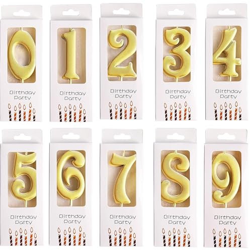 Calkkrer 10 Stück Goldene Zahlenkerzen, Geburtstagskerzen Zahlen für Kuchen, Torten Deko, Wunderkerzen Zahlen 0-9, Torte Kerze für Hochzeit Jubiläen Geburtstagsfeiern