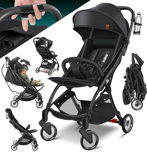 KIDIZ® Kinderwagen Premium Kinderbuggy klappbar Liegebuggy Sportwagen Faltbar 360°Räder 5-Punkt Gurt Inkl. Getränkehalter & Regenabdeckung, verstellbare Rückenlehne & Sonnenverdeck Schwarz