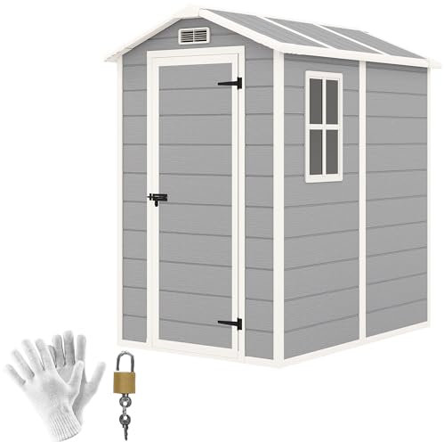 Outsunny Casetta da Giardino Porta Attrezzi in Finitura Effetto Legno Graffiato con Pavimento, 2.1m² Capanno da Giardino con Porta e Serratura, Tetto Inclinato, 131x186x198cm, Grigio
