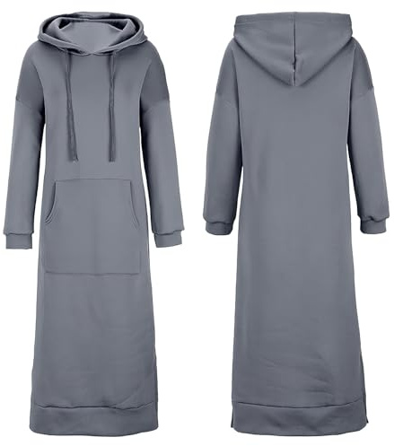 amropi Femmes Sweat-Shirt Long à Capuche Robe Manches Longues Pull Kangourou Poche Haut Gris Clair,XL