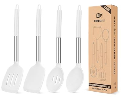 Pack of 4 Silicone Cooking Utensils Set, Non Stick Large Solid Spatulas, Heat Resistant Slotted Spoons, Ideal BPA Free Kitchen Turners for Frying, Mixing,Serving,Draining,Turning,Stirring (White)