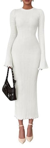 PRETTYGARDEN Sweater Dresses for Women 2026 Fall Bell Long Sleeve Crew Neck Bodycon Maxi Dress Winter Ribbed Knit Outfits (White,Small)