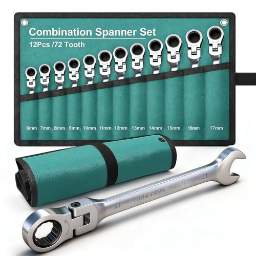 BLUEMARS 12PCS Flexible Ratchet Spanner Sets, 180° Angled Adjustable Head, Metric 6-17mm, 72 Teeth Gear Wrench Set with Roll-Up Pouch, Includes 10mm & 17mm Spanners for DIY & Repairs
