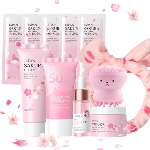 Kit per la Cura della Pelle Sakura 11 Pezzi,Include Fascia skincare, Spazzola per il viso,Pulizia,Crema solare 50,Essenza,Crema,Maschera per la notte (x5),Sakura Skincare Set per Ragazze Donne